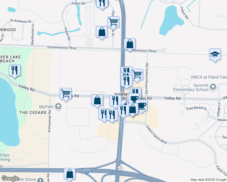 map of restaurants, bars, coffee shops, grocery stores, and more near 36520 Valley Road in Oconomowoc