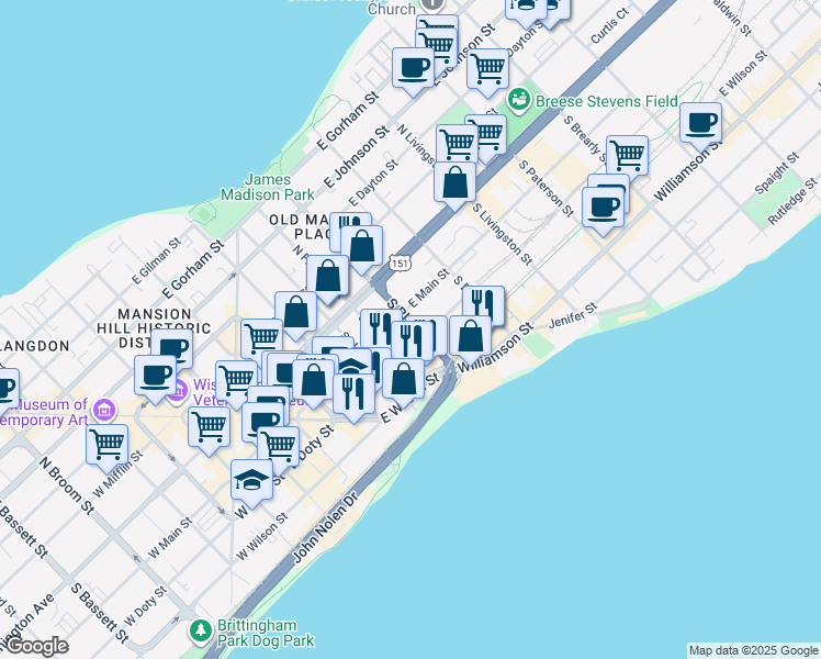 map of restaurants, bars, coffee shops, grocery stores, and more near 114 South Blair Street in Madison