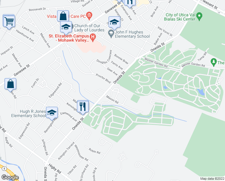map of restaurants, bars, coffee shops, grocery stores, and more near 225 Hillcrest Manor Court in Utica