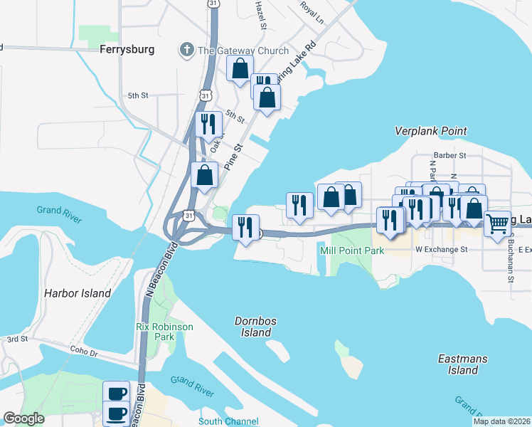 map of restaurants, bars, coffee shops, grocery stores, and more near 971 Michigan 104 in Spring Lake
