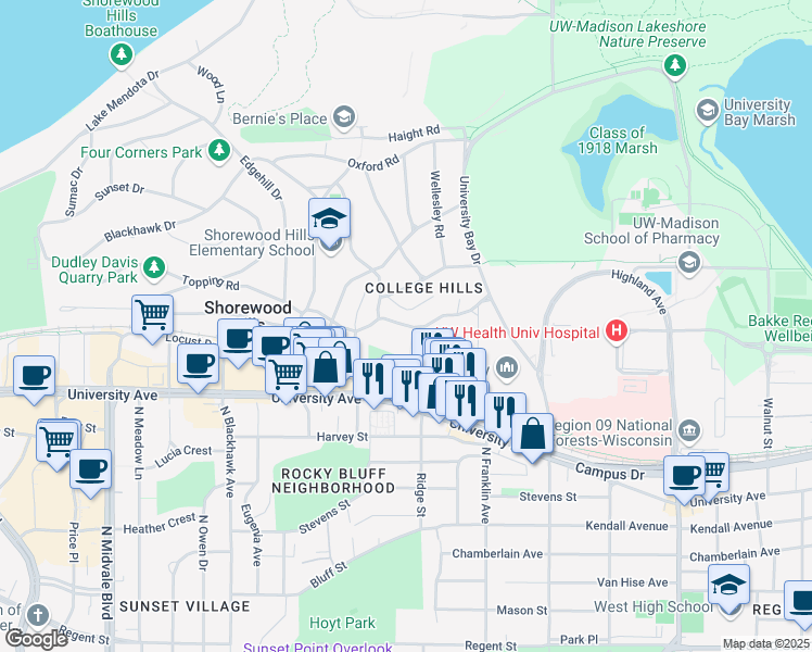 map of restaurants, bars, coffee shops, grocery stores, and more near Harvard Drive in Madison
