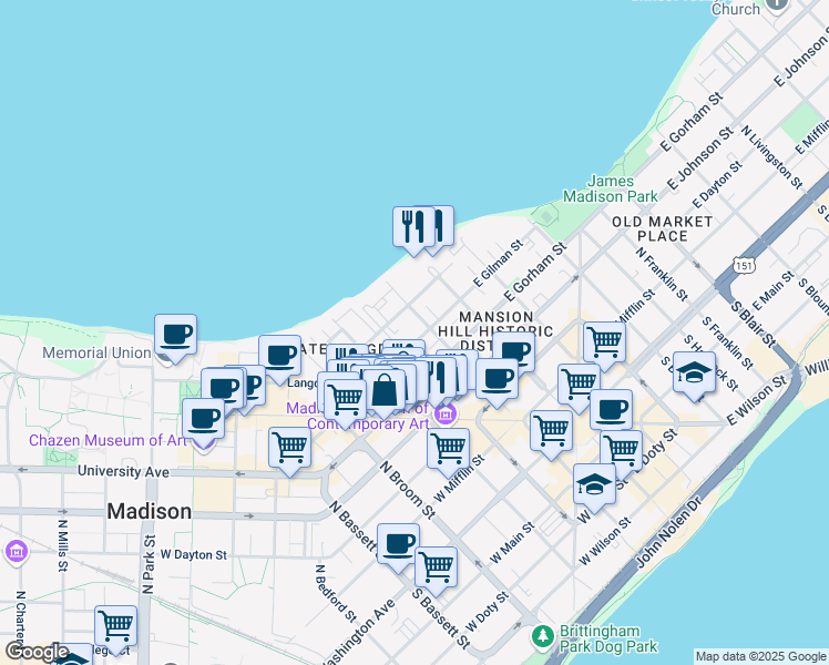 map of restaurants, bars, coffee shops, grocery stores, and more near 124 West Gilman Street in Madison