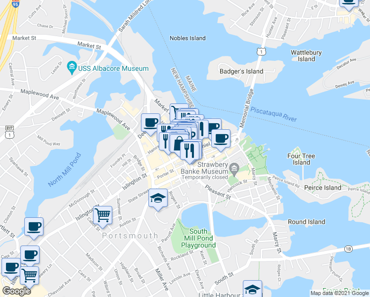 map of restaurants, bars, coffee shops, grocery stores, and more near 9 Market Square in Portsmouth
