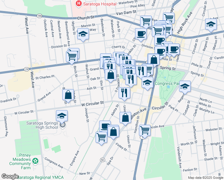 map of restaurants, bars, coffee shops, grocery stores, and more near 26 Beekman Street in Saratoga Springs