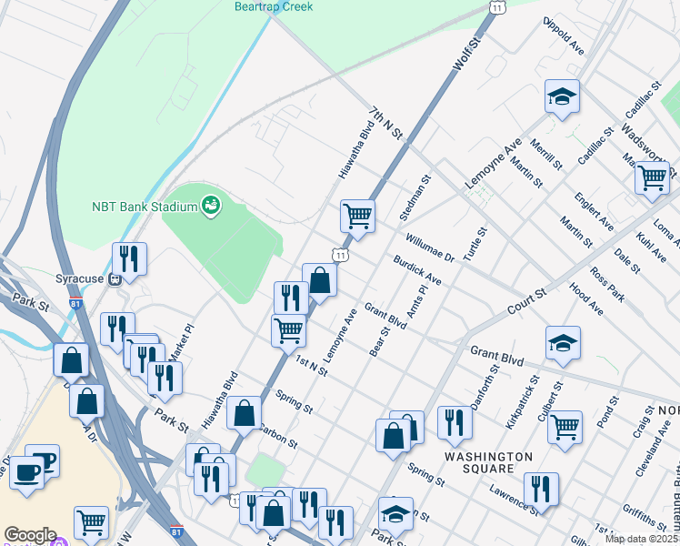 map of restaurants, bars, coffee shops, grocery stores, and more near 808 Wolf Street in Syracuse