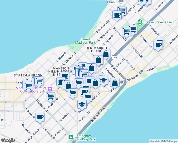 map of restaurants, bars, coffee shops, grocery stores, and more near 24 North Butler Street in Madison