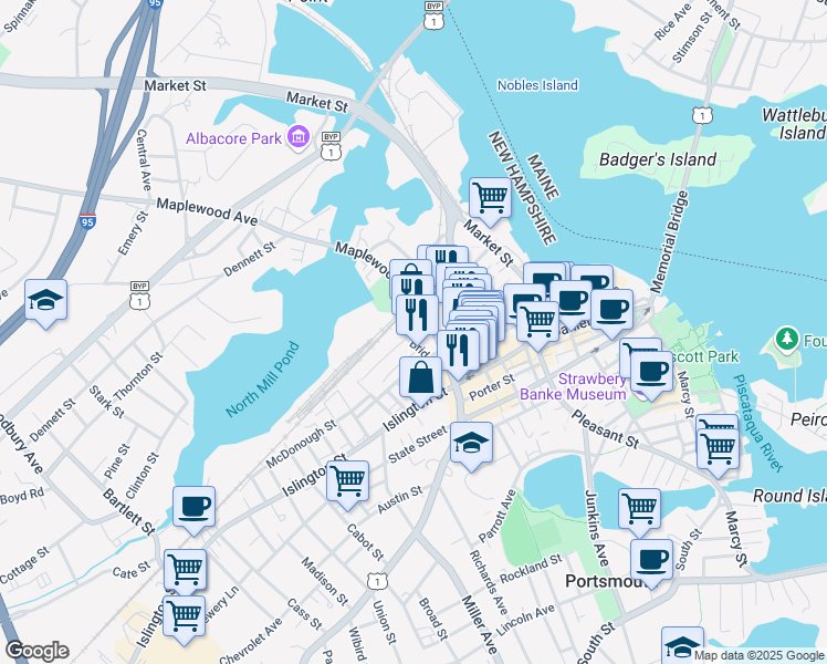 map of restaurants, bars, coffee shops, grocery stores, and more near 2 Foundry Place in Portsmouth