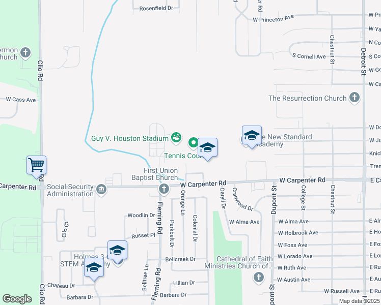 map of restaurants, bars, coffee shops, grocery stores, and more near 2138 West Carpenter Road in Flint