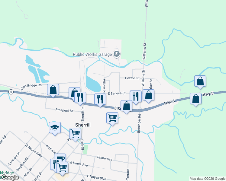 map of restaurants, bars, coffee shops, grocery stores, and more near 254 E Seneca St in Sherrill