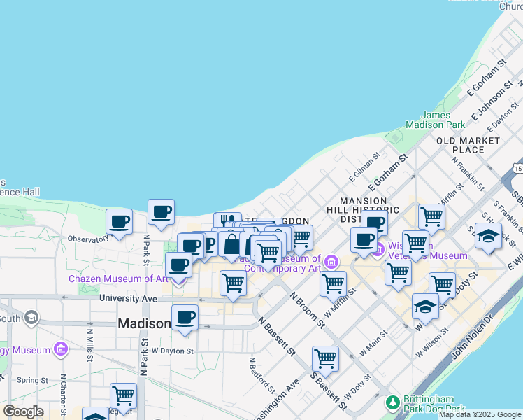 map of restaurants, bars, coffee shops, grocery stores, and more near 626 North Henry Street in Madison