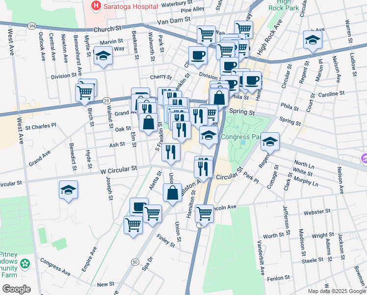 map of restaurants, bars, coffee shops, grocery stores, and more near 26b Congress Street in Saratoga Springs