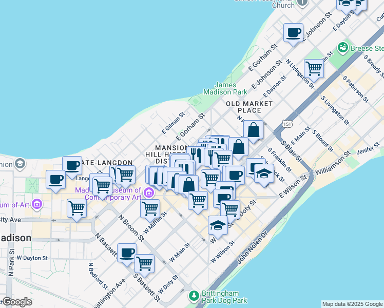 map of restaurants, bars, coffee shops, grocery stores, and more near 214 North Pinckney Street in Madison