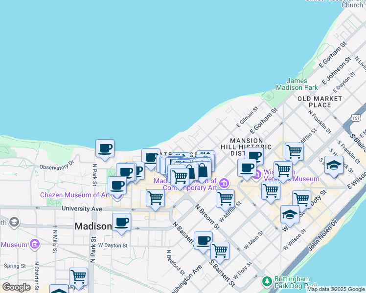map of restaurants, bars, coffee shops, grocery stores, and more near 615 North Henry Street in Madison