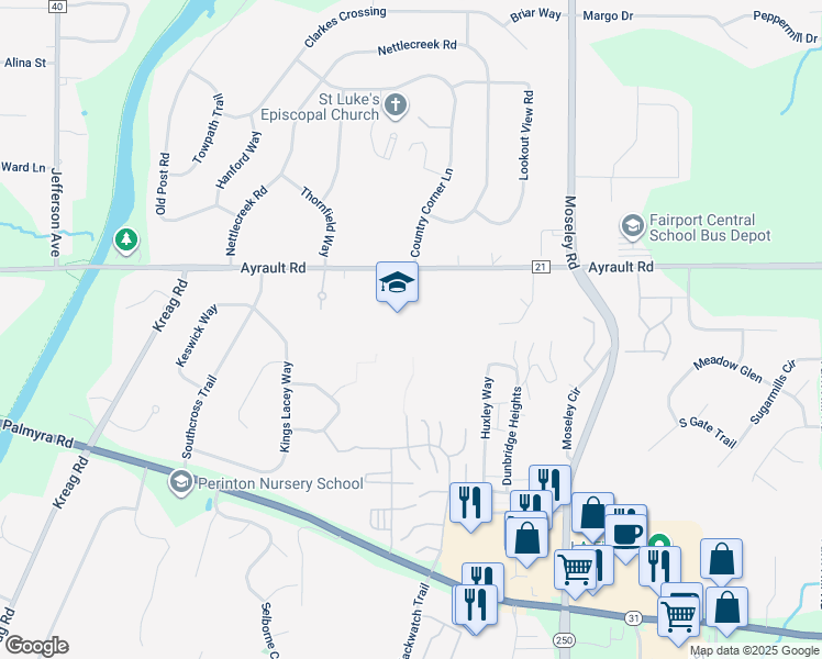 map of restaurants, bars, coffee shops, grocery stores, and more near 665 Ayrault Road in Fairport