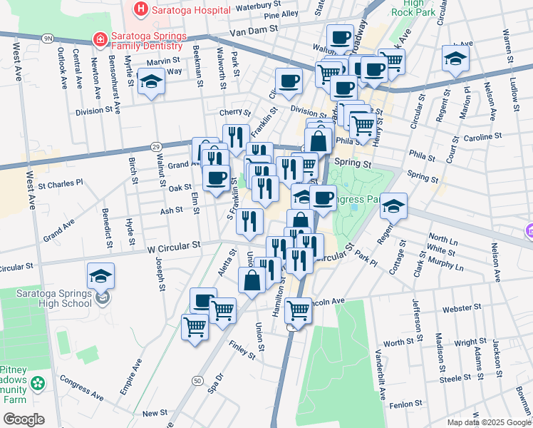 map of restaurants, bars, coffee shops, grocery stores, and more near 26b Congress Street in Saratoga Springs