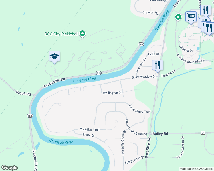 map of restaurants, bars, coffee shops, grocery stores, and more near 28 Landing Street in Rochester