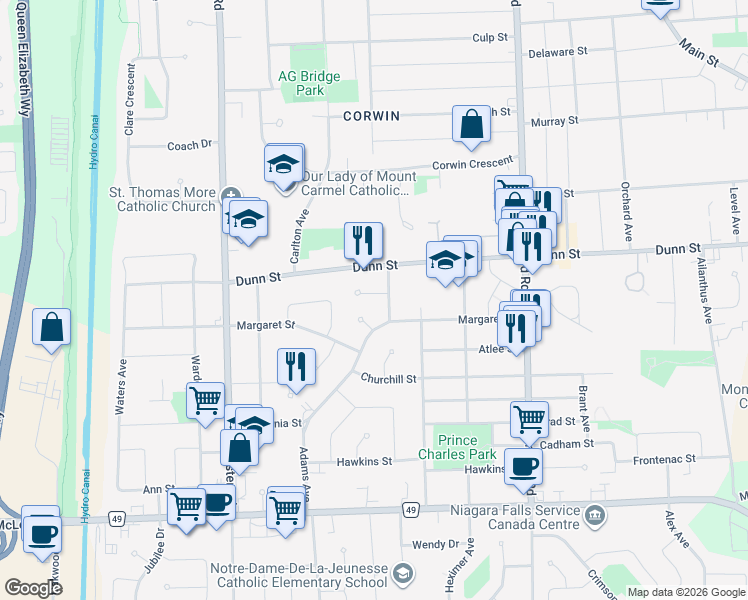 map of restaurants, bars, coffee shops, grocery stores, and more near 6556 Leawood Court in Niagara Falls