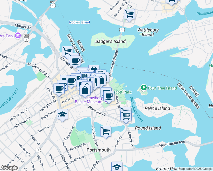 map of restaurants, bars, coffee shops, grocery stores, and more near 461 Court Street in Portsmouth
