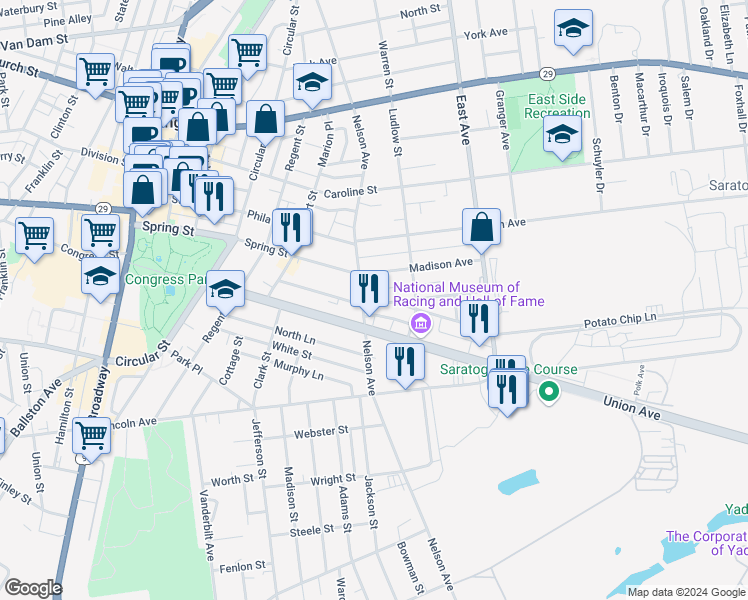 map of restaurants, bars, coffee shops, grocery stores, and more near 168 Nelson Avenue in Saratoga Springs