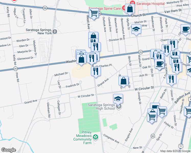 map of restaurants, bars, coffee shops, grocery stores, and more near 120 West Avenue in Saratoga Springs