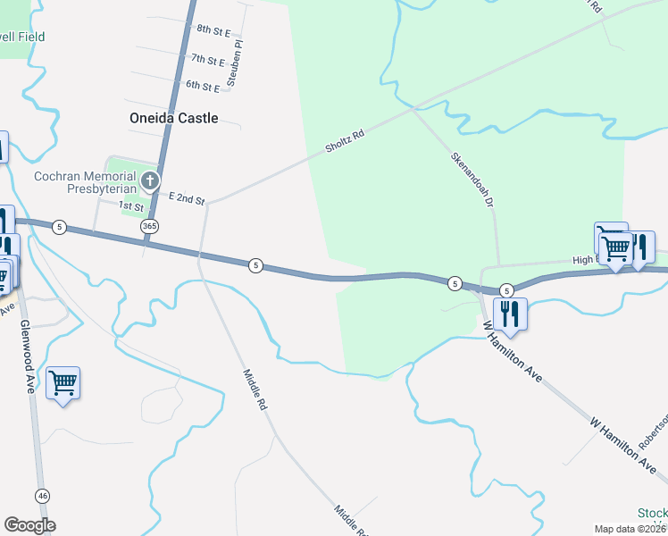 map of restaurants, bars, coffee shops, grocery stores, and more near 125 Seneca Avenue in Oneida