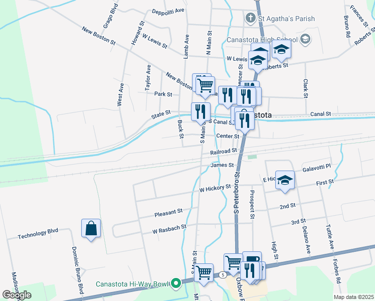 map of restaurants, bars, coffee shops, grocery stores, and more near 111 Barlow Street in Canastota