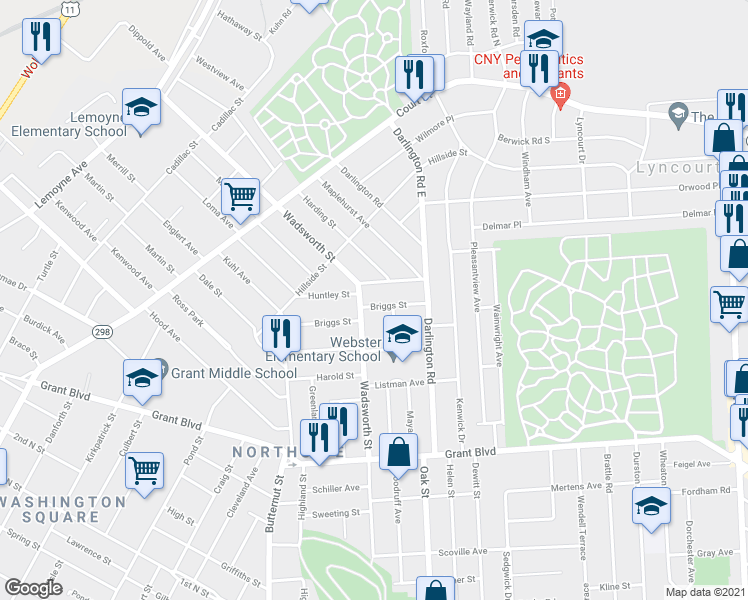 map of restaurants, bars, coffee shops, grocery stores, and more near 224 Briggs Street in Syracuse