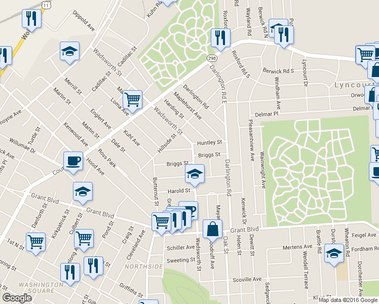 map of restaurants, bars, coffee shops, grocery stores, and more near 175 Briggs Street in Syracuse