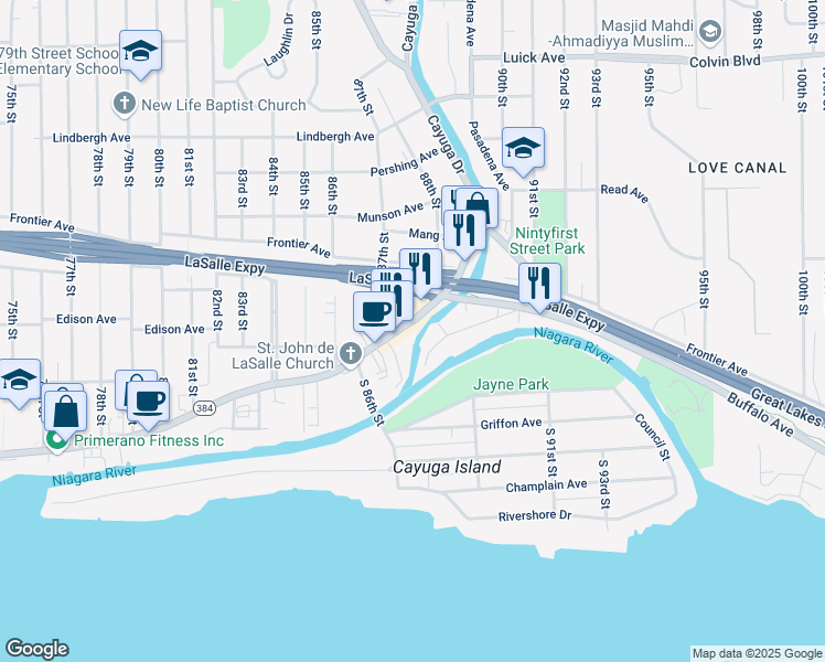 map of restaurants, bars, coffee shops, grocery stores, and more near 8711 Buffalo Avenue in Niagara Falls