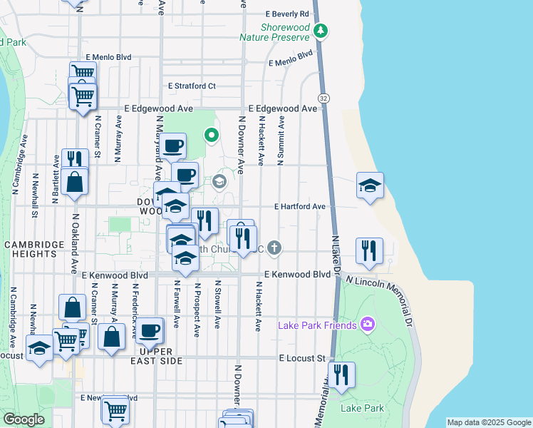 map of restaurants, bars, coffee shops, grocery stores, and more near 3265 North Summit Avenue in Milwaukee