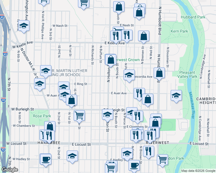 map of restaurants, bars, coffee shops, grocery stores, and more near in Milwaukee