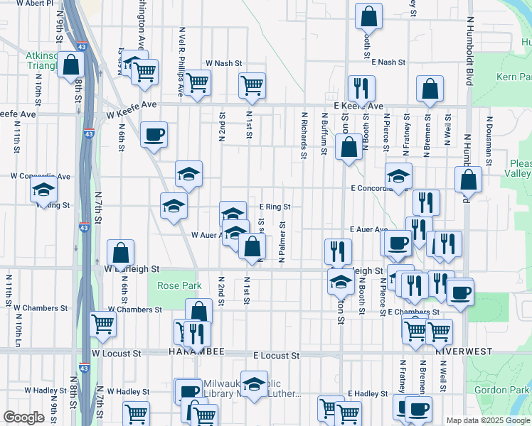 map of restaurants, bars, coffee shops, grocery stores, and more near 3222 North 1st Street in Milwaukee