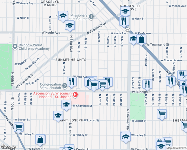 map of restaurants, bars, coffee shops, grocery stores, and more near 3176 North 48th Street in Milwaukee