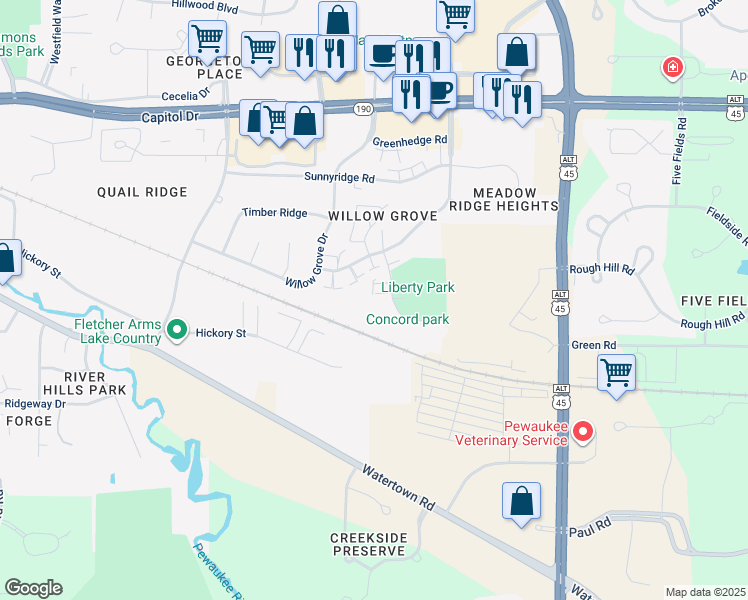 map of restaurants, bars, coffee shops, grocery stores, and more near 437 Concord Road in Pewaukee