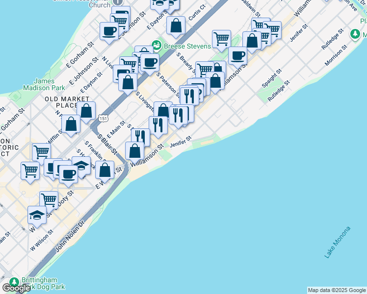 map of restaurants, bars, coffee shops, grocery stores, and more near 805 Spaight Street in Madison