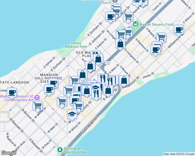 map of restaurants, bars, coffee shops, grocery stores, and more near 30 South Franklin Street in Madison