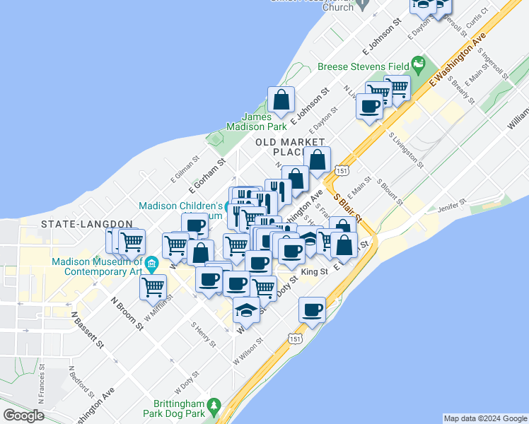 map of restaurants, bars, coffee shops, grocery stores, and more near 12 North Butler Street in Madison
