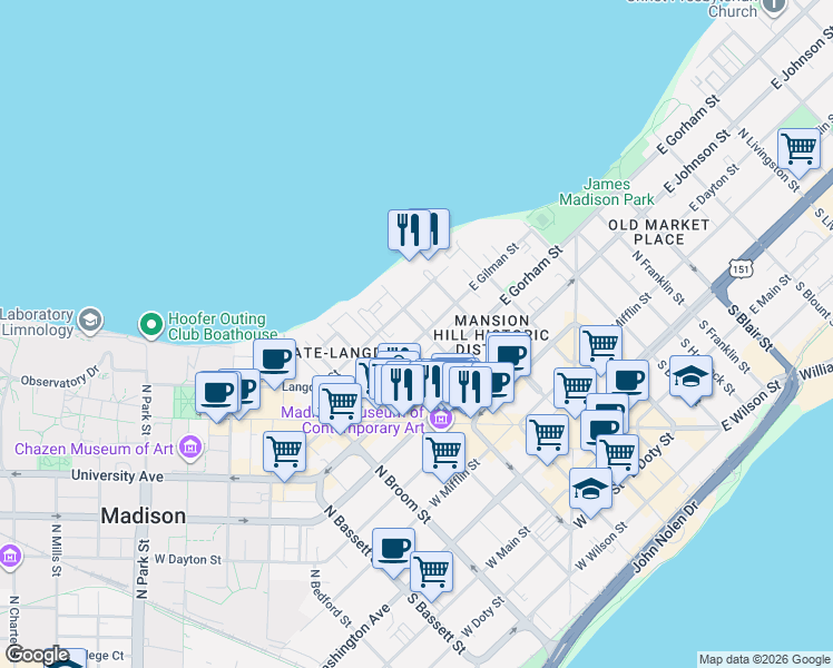 map of restaurants, bars, coffee shops, grocery stores, and more near 412 North Carroll Street in Madison