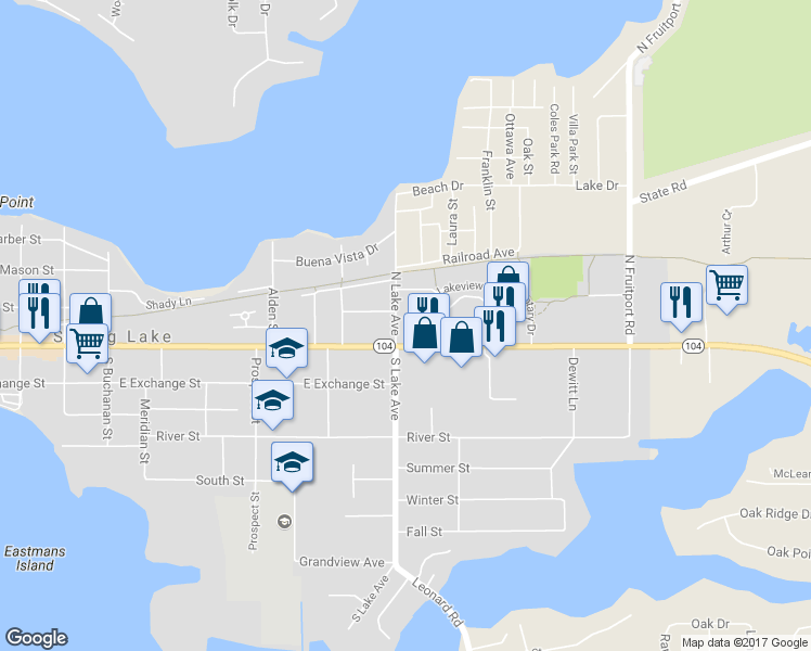 map of restaurants, bars, coffee shops, grocery stores, and more near 116 North Lake Avenue in Spring Lake