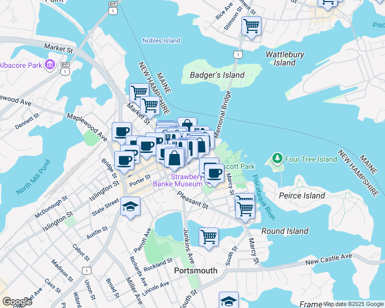 map of restaurants, bars, coffee shops, grocery stores, and more near 121 State Street in Portsmouth
