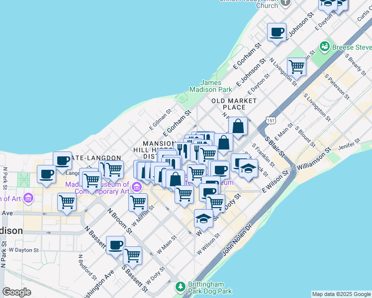 map of restaurants, bars, coffee shops, grocery stores, and more near 29 East Dayton Street in Madison