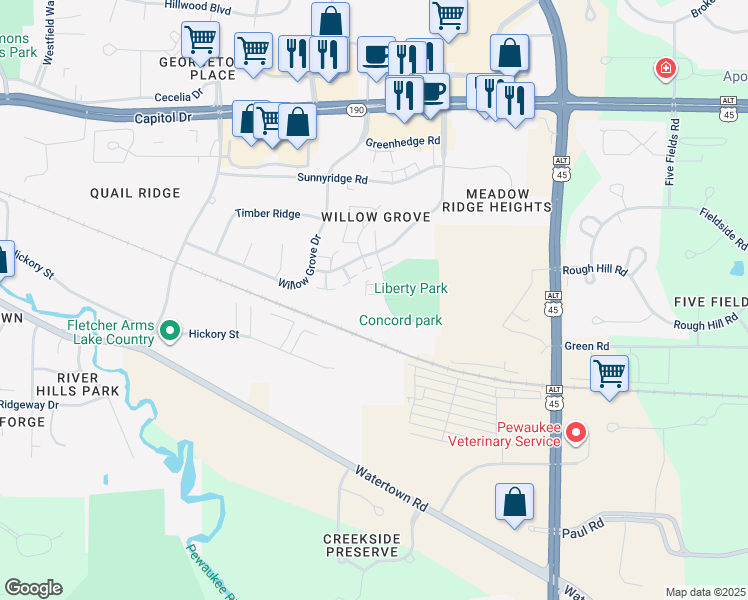 map of restaurants, bars, coffee shops, grocery stores, and more near 437 Concord Road in Pewaukee