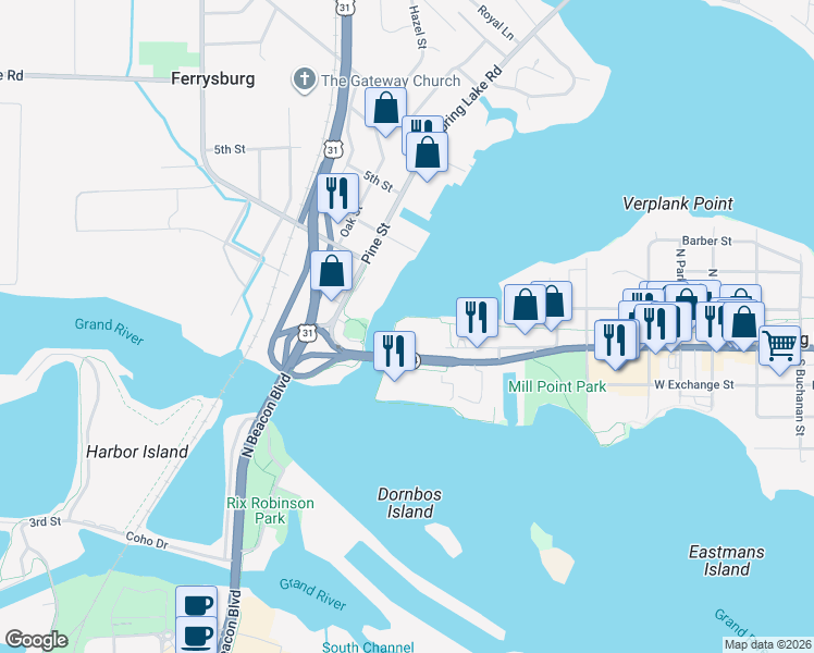 map of restaurants, bars, coffee shops, grocery stores, and more near 971 Michigan 104 in Spring Lake