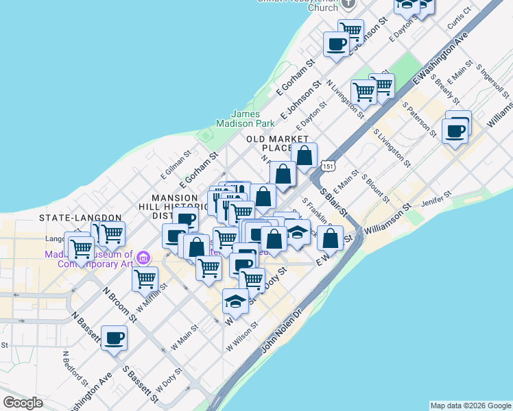 map of restaurants, bars, coffee shops, grocery stores, and more near 26 North Butler Street in Madison