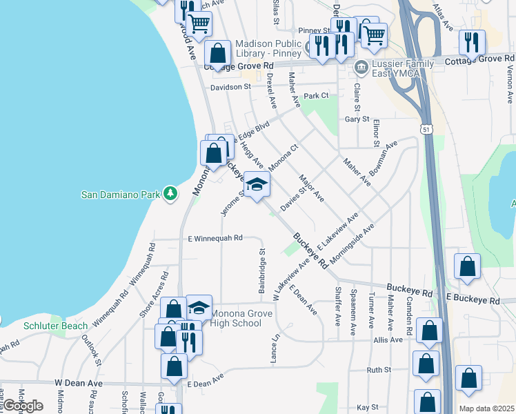 map of restaurants, bars, coffee shops, grocery stores, and more near 4201 Buckeye Road in Madison