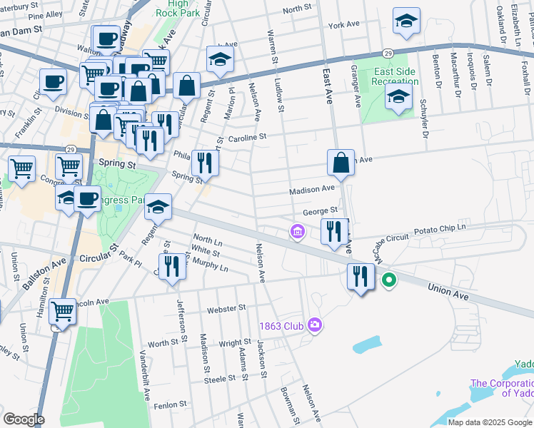 map of restaurants, bars, coffee shops, grocery stores, and more near 91 George Street in Saratoga Springs