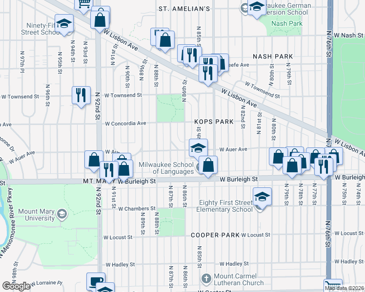 map of restaurants, bars, coffee shops, grocery stores, and more near 3177 North 86th Street in Milwaukee