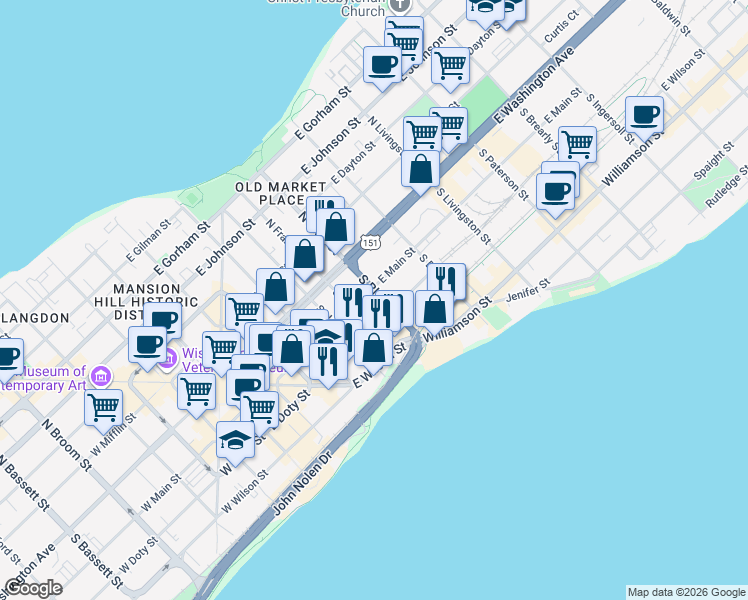 map of restaurants, bars, coffee shops, grocery stores, and more near 114 South Blair Street in Madison