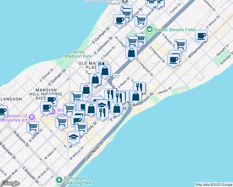 map of restaurants, bars, coffee shops, grocery stores, and more near 114 South Blair Street in Madison