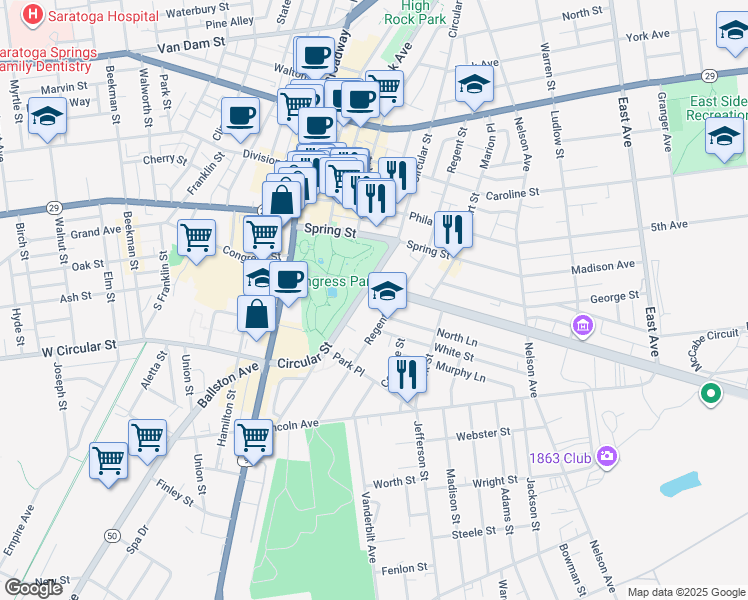 map of restaurants, bars, coffee shops, grocery stores, and more near 2 Union Avenue in Saratoga Springs